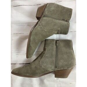 Marc Fisher Suede Leather ankle bootie 10 Pointy Toe Western Gray Green Moss Zip